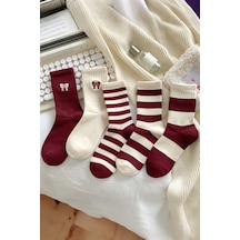 Hitit Socks Kadın 5 Çift Premium Kalite Kırmızı Beyaz Çizgili Kurdele Detaylı Uzun Kolej Çorap Asorti