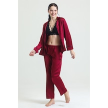 Magic Form 19718 Kadın Bordo Gömlek Yaka Biyeli Cepli Saten Pijama Takım Bordo - 311764045 Bordo