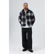 Vamos Oversize Peluş Ekose Ceket Siyah