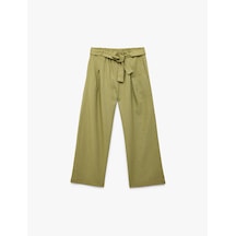 Koton Beli Bağlamalı Keten Ve Viskon Karışımlı Geniş Paça Pantolon Yeşil 6skg40093aw