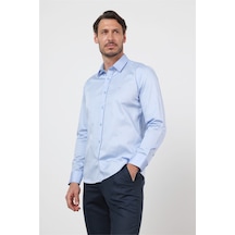 İmza Açık Mavi Sert Yaka Uzun Kol Cepsiz Saten Slim Fit Pamuk Gömlek 1004260424 2XL
