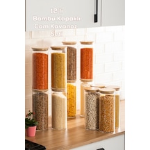 Porsima 4-4 Bambu Vakumlu Kapaklı Yuvarlak Cam 12li Kavanoz Seti Saklama Kabı 2100ml 10x30cm