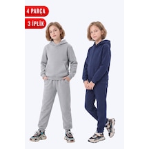 Panios Kids 2'li Düz 3 İplik Kışlık Kanguru Cepli Kapüşonlu Kız Çocuk Eşofman Takımı Gri - Lacivert
