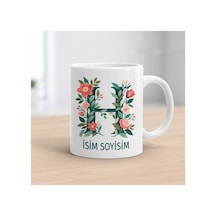 H Harfli İsim Alanlı Kupa Bardak Renkli Çiçekli Monogram Beyaz Beyaz