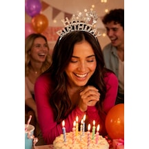 Gümüş Happy Birthday Taç Taşlı Görünümlü Doğum Günü Parti Kutlama Ve Eğlence Aksesuarı Diğer