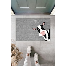 Rugmood Modern Dijital Baskı Paspas - Hello İnek Paspas - Kapı Önü Paspası 70x45cm Gri