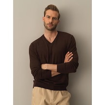 Xint Kahverengi Regular Fit Açık V Yaka Pamuklu Kazak 801658