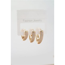 Kadın Vip Seri Zirkon Taşlı 3 Boy 3'lü Küpe Seti-5367 Altın