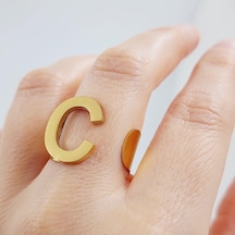 Çelik Gold Düz Kesim Harf Yüzük -c Harfi- Ayarlı Ölçü-1890 Altın