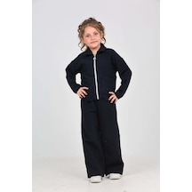 Toontoy Kids Toontoy Kız Çocuk 2'li Takım Gömlek Yaka Fermuarlı Cepli Sweatshirt & Beli Lastikli Bol Paça Eşofman Altı - Dokuma Şanel Tuvit Chanel Lacivert