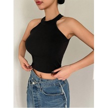 Liona Halter Yaka Siyah Renk Fitilli Crop Top Bluz Siyah