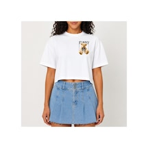 Urbantrendstore Crop Tişört Beyaz Say Cheese Baskılı Rahat Kesim Raw Cut Basic Kısa Tshirt