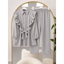 Lovie Moda Kadın Fırfır Detaylı Kol Büzgülü Pantolonlu Tesettür Takım Gri