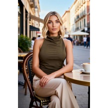 Benerly Kadın Bluz Yüksek Degaje Yaka Kolsuz Simli Esnek Örme Fitted Kalı haki