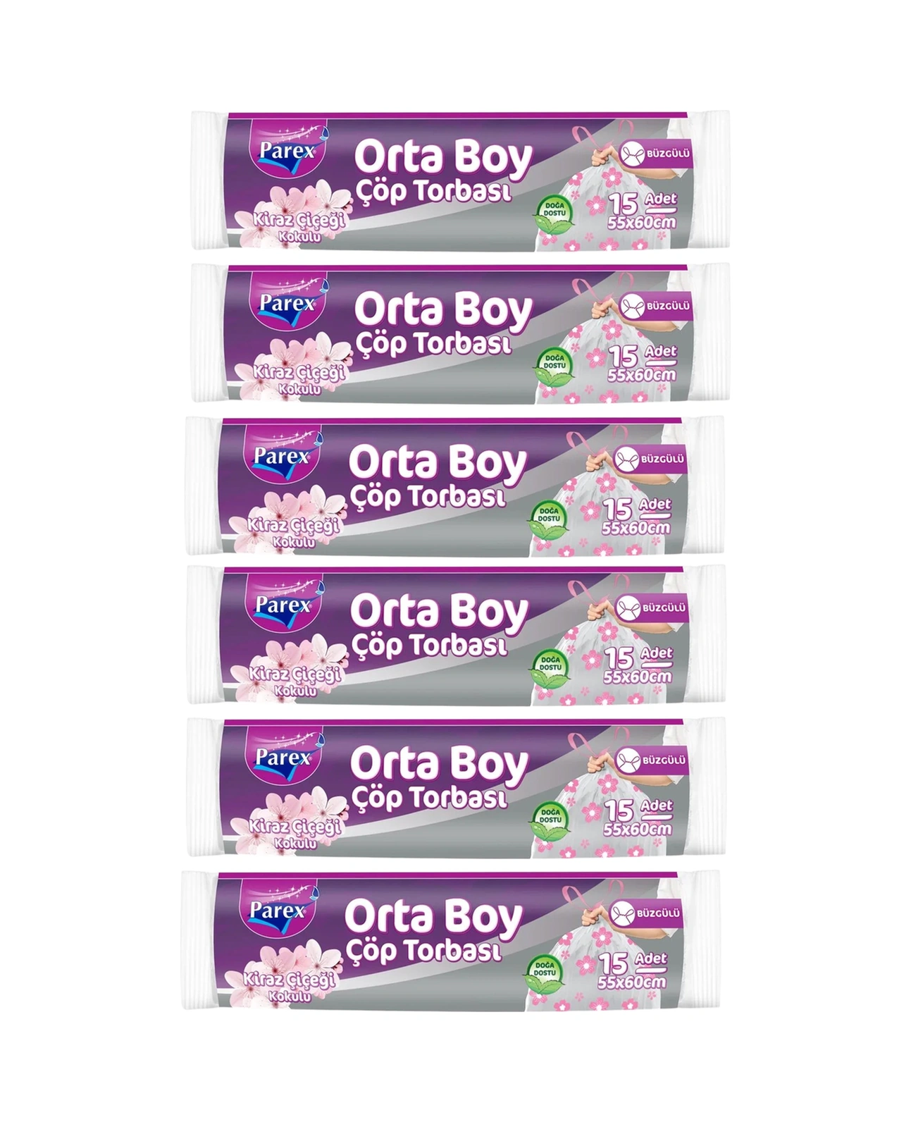 Büzgülü Çöp Torbası Kiraz Çiçeği Kokulu 15'li Orta Boy 55 X 60 Cm Altılı Paket
