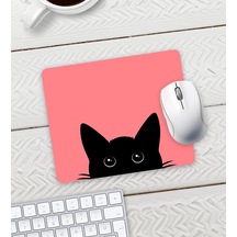 Açık Kırmızı Renk Kedi Baskılı Mouse Pad 23x19cm Fare Altlığı Kaydırmaz Taban
