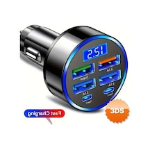6 Portlu Hızlı Araç Şarj Cihazı 4 Usb + 2 Type-c Dijital Göstergeli Oto Şarjı