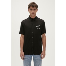 Bad Bear Smile Shirt Siyah Kısa Kollu Baskılı Erkek Gömlek-siyah Siyah