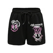 Tarzsokak Cartoon Graphic Drawstring Waist Şort Siyah