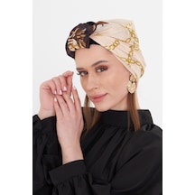 Hürrem Bone Bej Pratik Hazır Geçmeli Tesettür Bone Kesik Elyaf Retro Desenli 2409 12 Bej