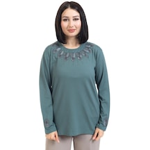 Yeni Sezon Kadın Orta Yaş Ve Üzeri Viskoz Taş İşlemeli Modelli Lüks Anne Penye Bluz 23755-mint Yeşili
