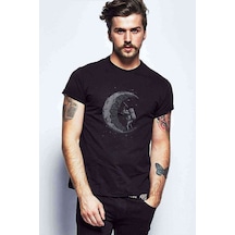 Ay Astronot Baskılı Siyah Erkek Tshirt