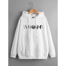 Kadın Beyaz Kapüşonlu Oversize Moon Baskılı Hoodie Sweatshirt Ts-Aybaskı Beyaz