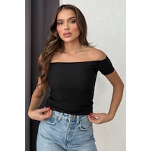 Lesa Wear Soft Touch Kayıkçı Yaka Dekolteli Basic Crop Bluz Siyah