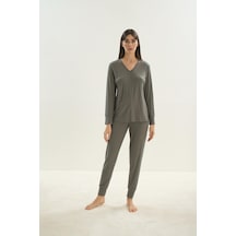 Sevim Kadın Uzun Kol Kaşkorse Haki Pijama Takım C8t7n1o61 001