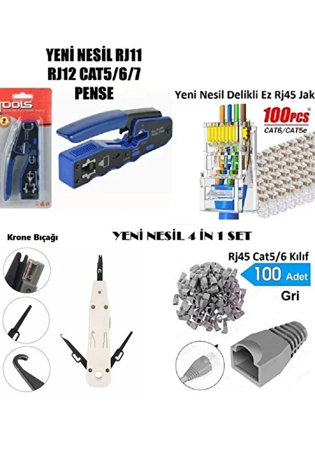 Yeni Nesil Pense Cat7/6a/cat6 + 100 Adet Cover Kılıf + 100 Adet Yeni Nesil Delikli Rj45 Jak +krone Bıçağı Crimper