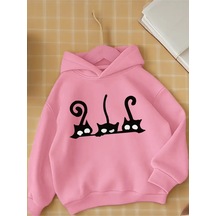 Kışlık Kapüşonlu Sweatshirt, Çocuk Siyah Kara Kediler Baskılı Pembe