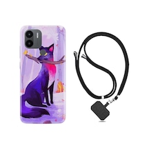 Xiaomi Redmi A1 Kılıf İpli Boyun Askılı Desenli Silikon Mor Kurt 1614