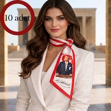 Mavi Masal 10 Adet Atatürk Portreli Ve İmzalı Fular Seti - K. Atatürk Görselli Saten Kadın Boyun Fuları/ Tören Fuları 10'lu Paket Toplu Alım Beyaz