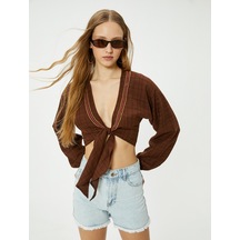 Koton Crop Kimono Önden Bağlamalı Slim Fit Uzun Kollu Kahverengi 4sal50021ıw Kahverengi