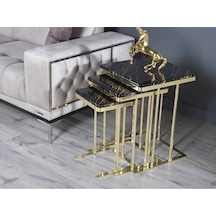 Zigon Sehpa & Yan Sehpa 3'lü Kare Sehpa Hıgh Gloos Mdf Siyah Gold İşleme