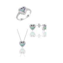 Gümüş Rodyumlu Mistik Taşlı Pırlanta Montürlü Kalp Modeli Üçlü Set Barcode Beyaz