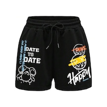 Coolane Cartoon & Slogan Graphic Drawstring Waist Şort Siyah