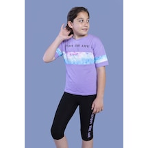 Toontoy Kids Toontoy Kız Çocuk 2'li Takım Baskılı Bisiklet Yaka T-shirt & Basic Düz Crop Tayt & Garnili Detaylı Lila
