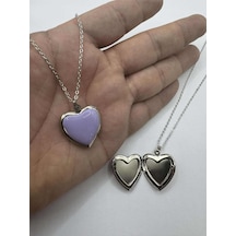 Lila Açılabilir Kapaklı Kalp Kolye 55 Cm Zincirli, Metal Resimlik Kolye Çok renkli
