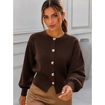 Park Karon Kadın Gold Metal Düğmeli Triko Hırka Balon Kol Crop Premium Ceket 12525 Kahve