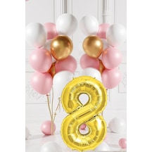 8 Yaş Retro Gold Pembe Beyaz Balon Seti Gold Rakamlı Doğum Günü Balonu Şık Parti Süsleme Çok Renkli