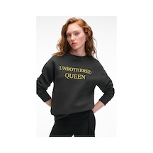 Grımelange ISOLUNE Kadın Yaka Nakış Detaylı Oversize Bisiklet Yaka Antrasit Sweatshirt