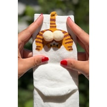 Lousocks Unisex Bej Krem Kedi Desenli Ponpon Soket Çorap