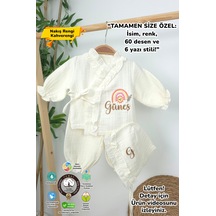 Gros Shop Müslin Yeni Doğan 4katlı Organik %100pamuk Kişiye Özgü Nakışlı Hastane Çıkış Seti Gökkuşağı Model-3 Ekru-3