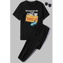 Uyguntarz Unisex Hurry Up Baskılı 2'li Eşofman Takımı Siyah