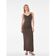 Koton Bürümcük Kumaş Dokulu Slim Fit Drapeli Yırtmaçlı İnce Askılı Midi Kalem Elbise Kahverengi 6sak80329ek Kahve