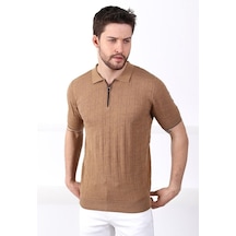 Ferraro Camel Polo Yaka Fermuarlı Erkek Pamuk Triko T-Shirt-Kahverengi (417942102) Kahverengi