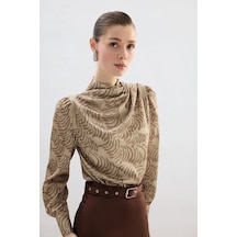 Sateen Drape Detaylı Desenli Bluz Vizon VİZON