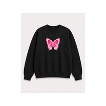 Herkesemoda Kelebek Baskı Detaylı Şardonlu 2 İplik Bisiklet Yaka Sweatshirt Siyah
