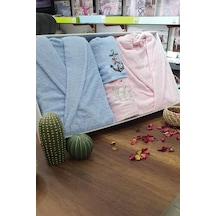 Çeyizlik Aile Bornoz Seti 4 Parça Pudra Mavi Çok Renkli